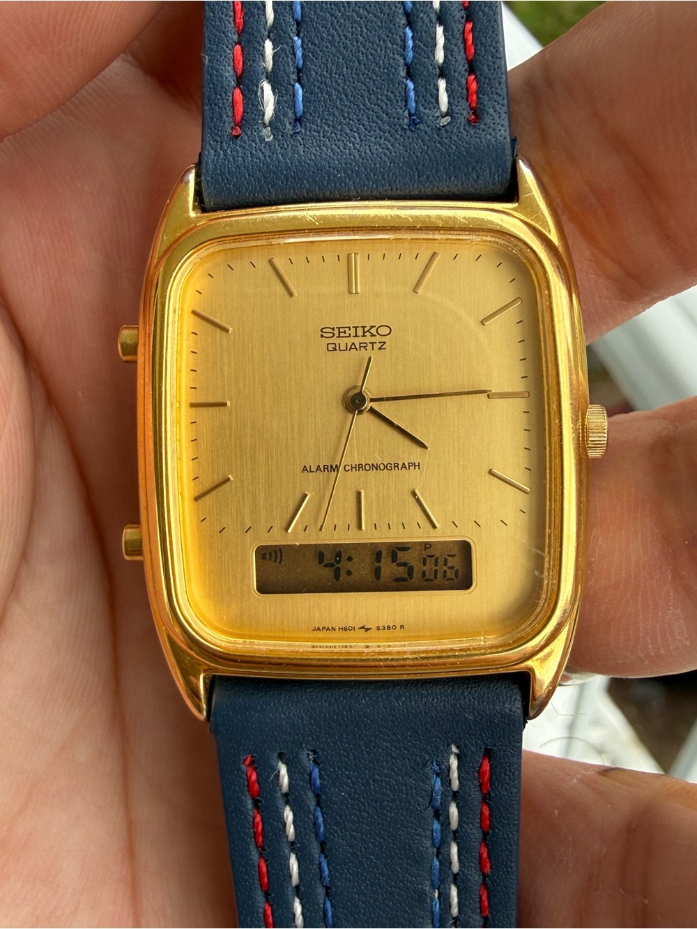 Seiko Gold Dial Quartz Alarm chronograph Watch with Blue Strap